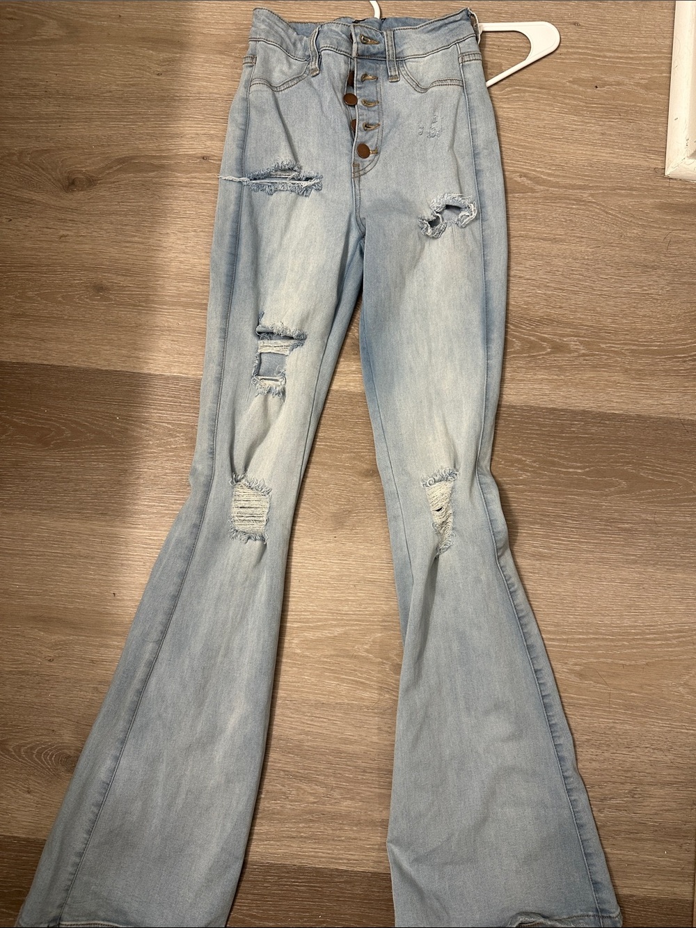 Fashion Nova Light Blue Distressed High-Rise Flare Jeans